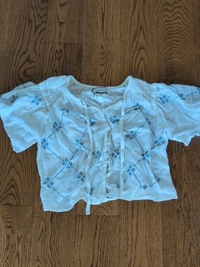 Innika Choo White & Blue Embroidered Peasant Top